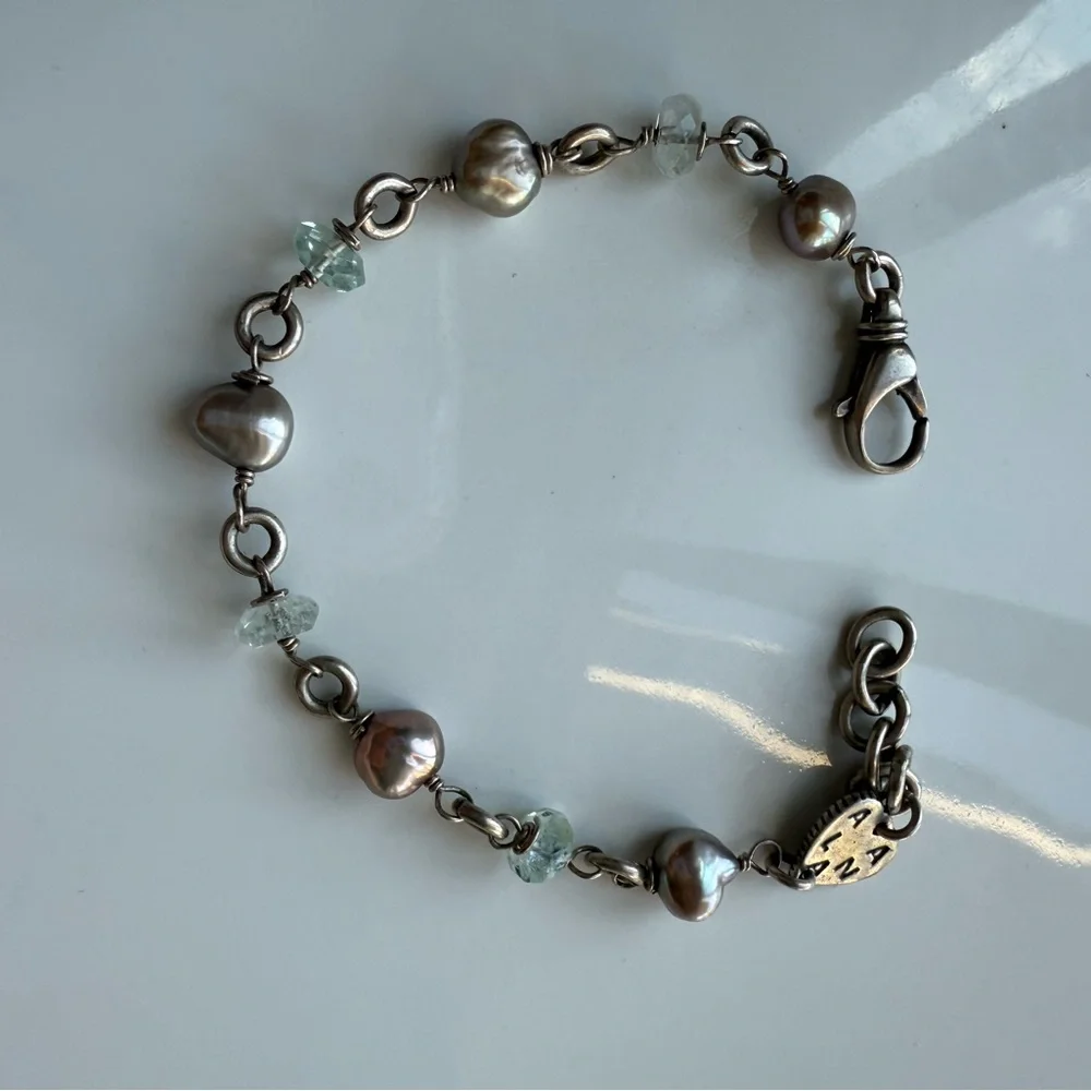 Elegant Sterling Silver Aquamarine & Pearl Bracelet by Alana Leigh Love Signed
